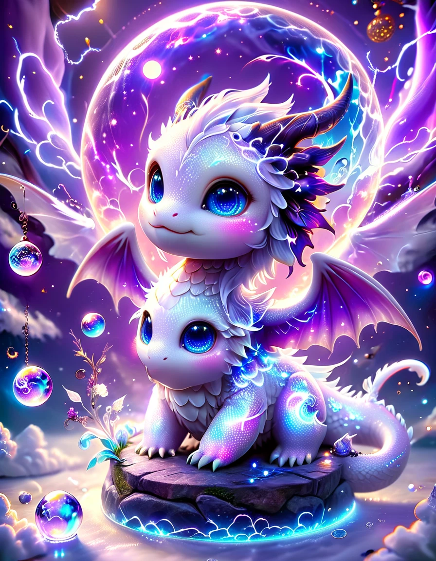 absurdres, highres, ultra detailed, HDR, master piece, best quality, crystal ball, small white dragon, expressive blue eyes, blue horns, wings, fantasy magical background, sparkling, shining, purple lightning, floating round lights, starry, void, purple moon