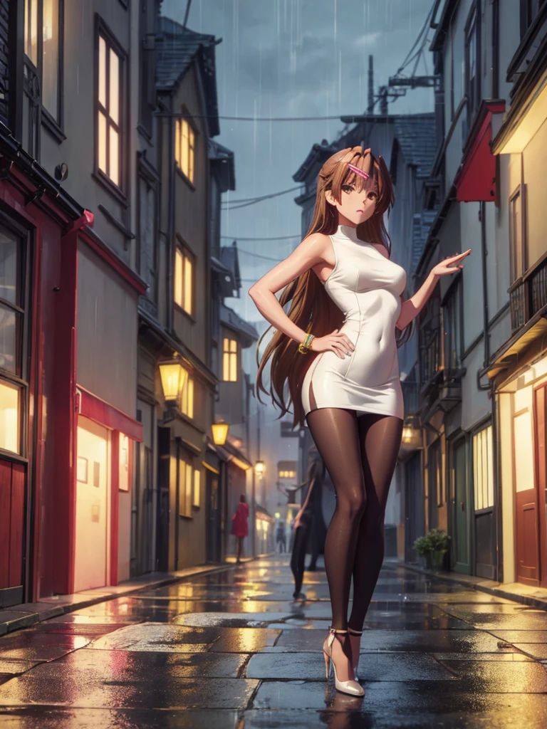 girl, short tight dress,  you can see her breasts,  bare chest, Chest visible, street background, Narrow passage between houses, night, rain, slender body, full length, Stiletto Shoes, bare chest, slim body, small breasts 