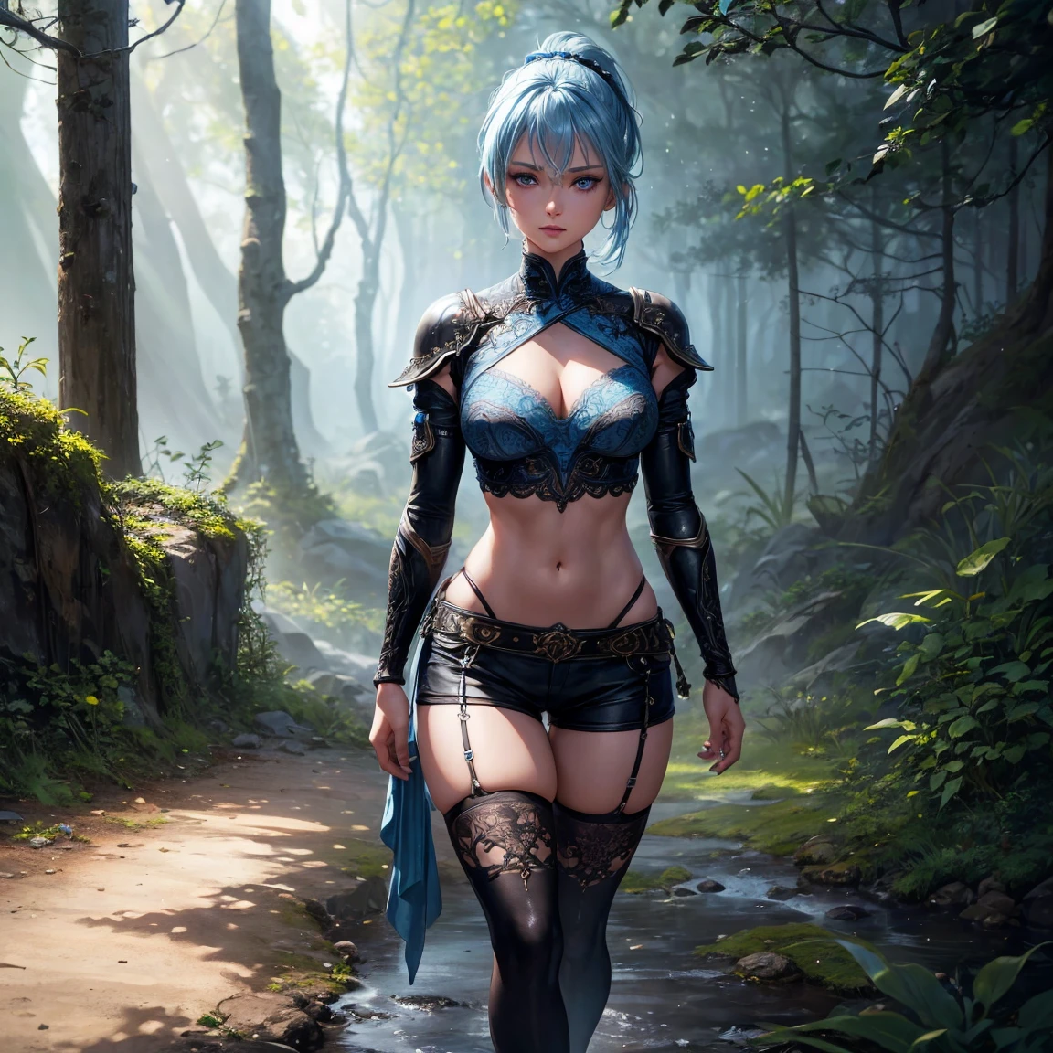 a young girl!!!, 1girl, light blue short ponytail hair, light blue hair!!!, very small breasts, blue eyes, little black tight top, little black tight shorts, full body, full body, walking, dark forest, incredibly sexy body, detailed face, beautiful detailed eyes, beautiful detailed lips, extremely detailed eyes and face, long eyelashes, intricate details, detailed clothing, intricate details,highly detailed, photo realistic, 8k, best quality, masterpiece, cinematic lighting, dramatic lighting, vibrant colors, fantasy, digital art, concept art