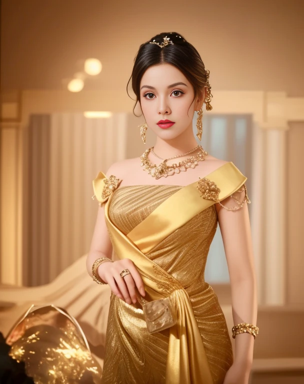 Aarav woman in a golden dress stands in front of a building., Sukhothai dress, Dilraba Dilmurat, traditional beauty, Wear elegant clothes, traditional this tradition, Wear luxurious clothes, this tradition, Traditional clothing, Thai girl anime, traditional outfit, According to Thawan Duchanee&#39;s style, Wear a luxurious silk dress, Thai art, Traditional clothing สาวเอเชียที่สวยงาม,stereoscopic 8k,45 high quality colored lights,000,000,000 pixels, photo, post-trade photo, animation, Beautiful, realistic portraits.