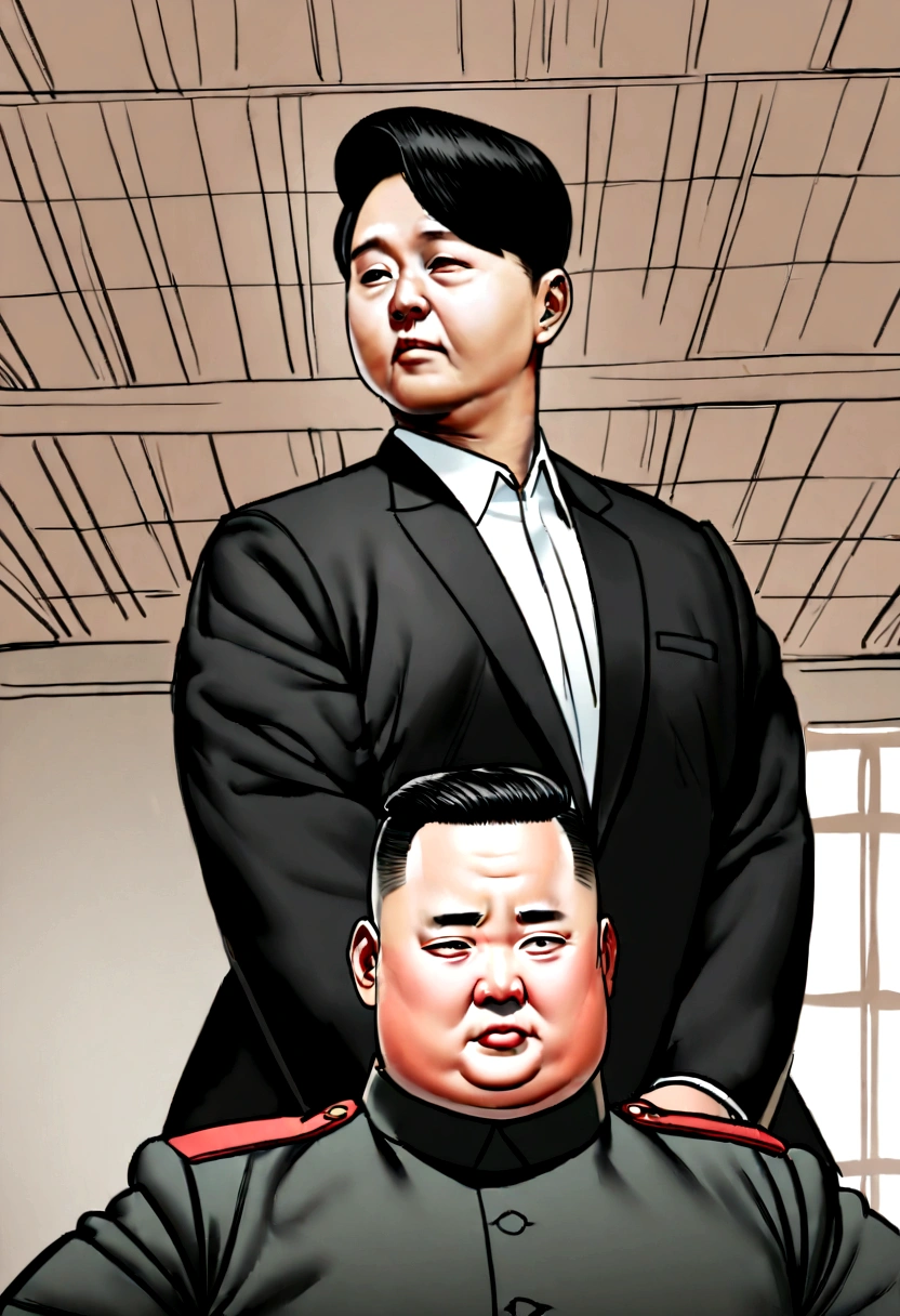 A photo of Kim Jong-un in a traditional Korean martial arts dojo,original,Kim Jong-un, North Korean leader, Known for his distinctive appearance: Round face, Shave the sides、A distinctive haircut with long hair on top, And a stocky build. He is often seen in public wearing suits and military uniforms., This further enhances his authoritative image..