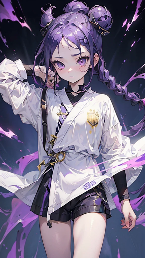 boy, thoughtful look, open forehead, black and purple hair braided into a ponytail on the left side in a bun. small curly black horns wrapped in white ribbon, pale violet eyes, short dark purple shorts. Long white t-shirt. dark purple knee socks. dark purple hooded robe, with a pattern of gold circles and a white robe on the inside. dark corridor with stairs, rays of light fall from above