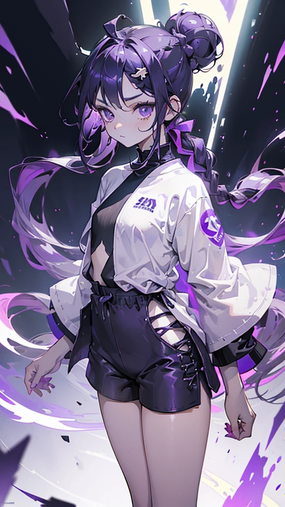 boy, thoughtful look, open forehead, black and purple hair braided into a ponytail on the left side in a bun. small curly black horns wrapped in white ribbon, pale violet eyes, short dark purple shorts. Long white t-shirt. dark purple knee socks. dark purple hooded robe, with a pattern of gold circles and a white robe on the inside. dark corridor with stairs, rays of light fall from above