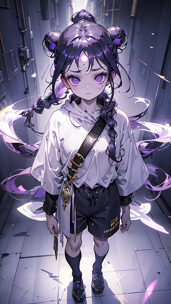 boy, thoughtful look, open forehead, black and purple hair braided into a ponytail on the left side in a bun. small curly black horns wrapped in white ribbon, pale violet eyes, short dark purple shorts. Long white t-shirt. dark purple knee socks. dark purple hooded robe, with a pattern of gold circles and a white robe on the inside. dark corridor with stairs, rays of light fall from above