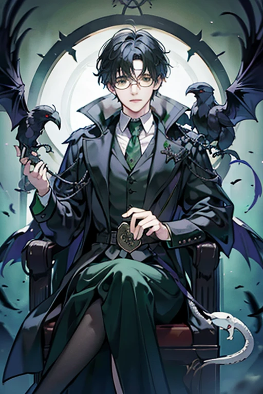 harry potter in a slytherin costume sitting on a black throne with a white snake wrapped around his neck and ravens around, take out the person behind