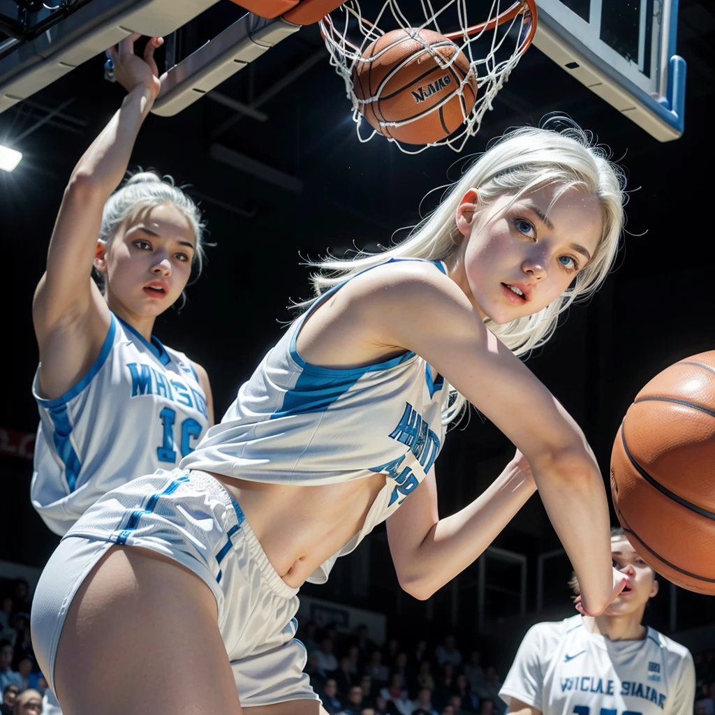 Female ager with white hair, light blue eyes and white skin dunking in basketball