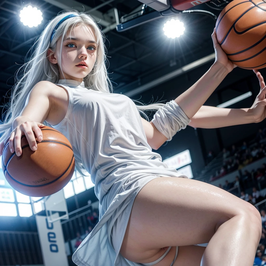 Female teenager with white hair, light blue eyes and white skin dunking in basketball 