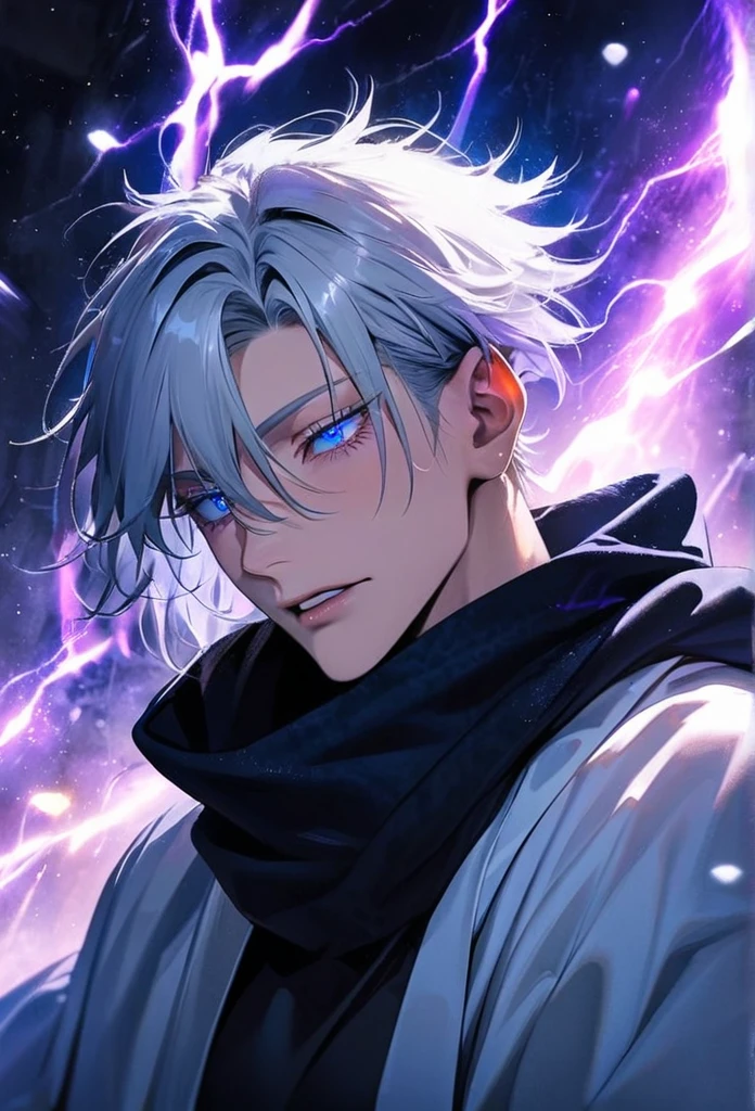 absurdres, highres, ultra detailed, HDR, master piece, best quality, Gojo Satoru, white hair, with bangs, hair between the eyes, expressive blue eyes, white eyelashes, Jujutsu Kaisen, solo, sexy man, handsome, white haori, black tight shirt, black scarf, fantasy, magical, sparkling, shining, purple lightning, floating round lights, starry sky, void, purple butterlies, purple moon