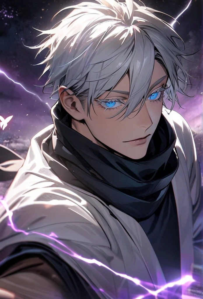 absurdres, highres, ultra detailed, HDR, master piece, best quality, Gojo Satoru, white hair, with bangs, hair between the eyes, expressive blue eyes, white eyelashes, Jujutsu Kaisen, solo, sexy man, handsome, white haori, black tight shirt, black scarf, fantasy, magical, sparkling, shining, purple lightning, floating round lights, starry sky, void, purple butterlies, purple moon