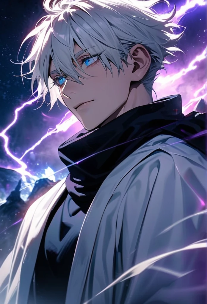 absurdres, highres, ultra detailed, HDR, master piece, best quality, Gojo Satoru, white hair, with bangs, hair between the eyes, expressive blue eyes, white eyelashes, Jujutsu Kaisen, solo, sexy man, handsome, white haori, black tight shirt, black scarf, fantasy, magical, sparkling, shining, purple lightning, floating round lights, starry sky, void, purple butterlies, purple moon