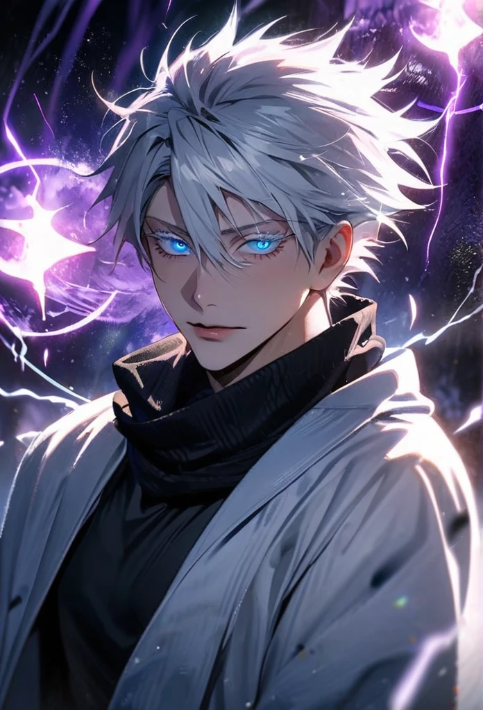 absurdres, highres, ultra detailed, HDR, master piece, best quality, Gojo Satoru, white hair, with bangs, hair between the eyes, expressive blue eyes, white eyelashes, Jujutsu Kaisen, solo, sexy man, handsome, white haori, black tight shirt, black scarf, fantasy, magical, sparkling, shining, purple lightning, floating round lights, starry sky, void, purple butterlies, purple moon