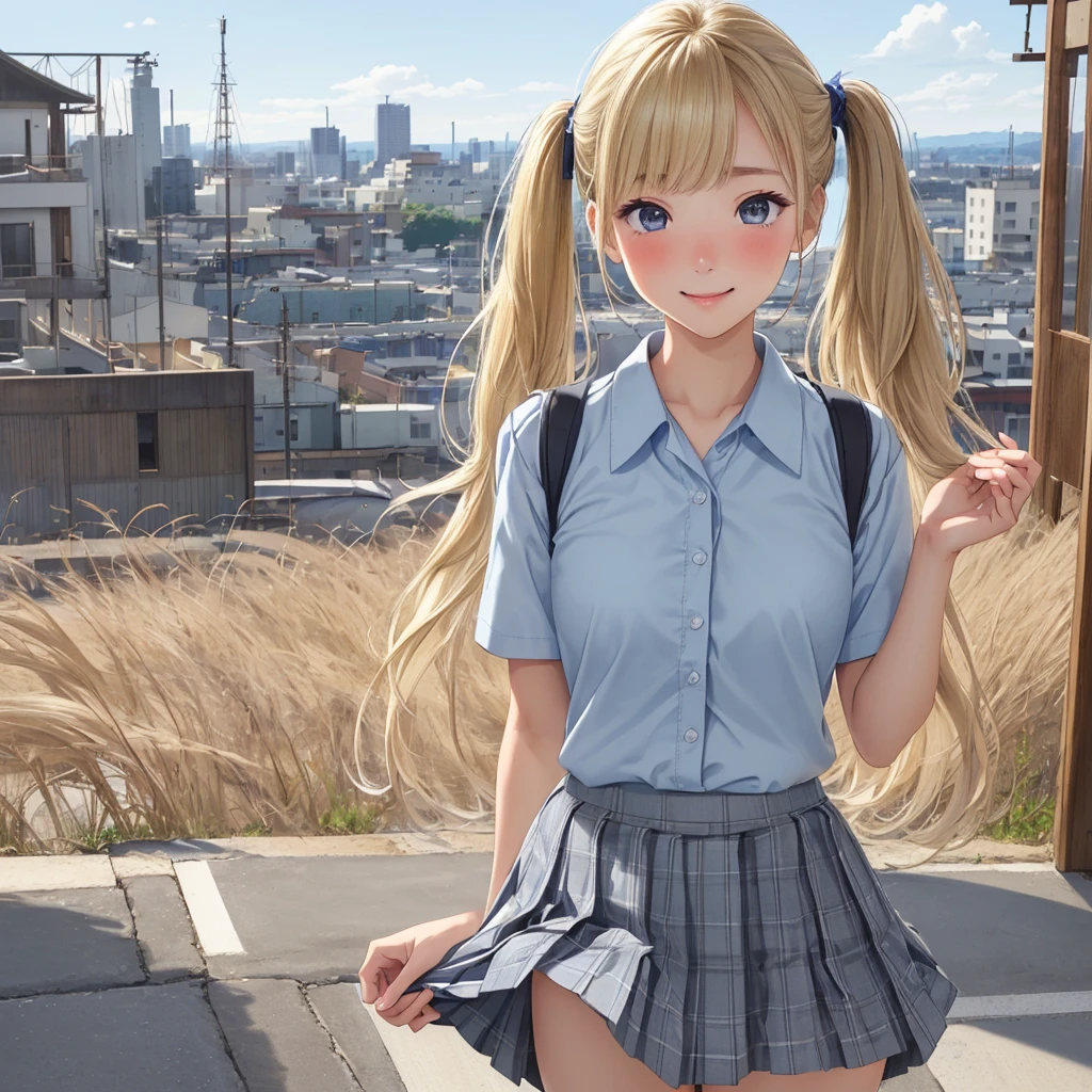 (masterpiece:1.3、Highest quality、Ultra-high resolution、Very detailed)、(Genuine:1.1、Realistic:1.4)、Beautiful illustrations、Perfect lighting、colorful、Depth of the Boundary、Beautiful hair in every detail、Beautiful face in every detail、Beautiful definition details、Beautiful clavicle、Beautiful body、美しいchest、Beautiful thighs、Beautiful feet、Beautiful fingers、View Audience、1 Girl、Japanese、high school girl、Perfect Face、(Perfect Anatomy、Anatomically correct)、Cute and symmetrical face、Baby Face、Sunburn、Skin Radiance、(Mid-length hair:1.5、Twin tails:1.2、blonde)、Asymmetrical bangs、blue eyes、Long eyelashes、(chest)、skinny、(Please lift your skirt、Not wearing underwear、No underwear:1.5)、((Collared short-sleeved shirt、Light blue shirt、)Grey plaid pleated skirt、Navy stuff))、(Beautiful views)、evening、(Outdoor、distant cityscape)、Are standing、(peace sign)、(Cute Smile、Blushing、look up、Open your mouth)、 (Open Girl'Cat:1.3)、time々Squat:1.2、Stick your fingers inside you:1.2、