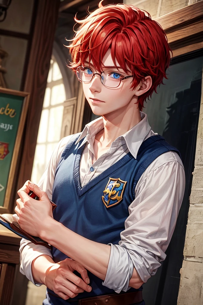 A boy with red hair and blue eyes who has magic from Hogwarts School of Magic. Stays in the Hufflepuff house and wears glasses.