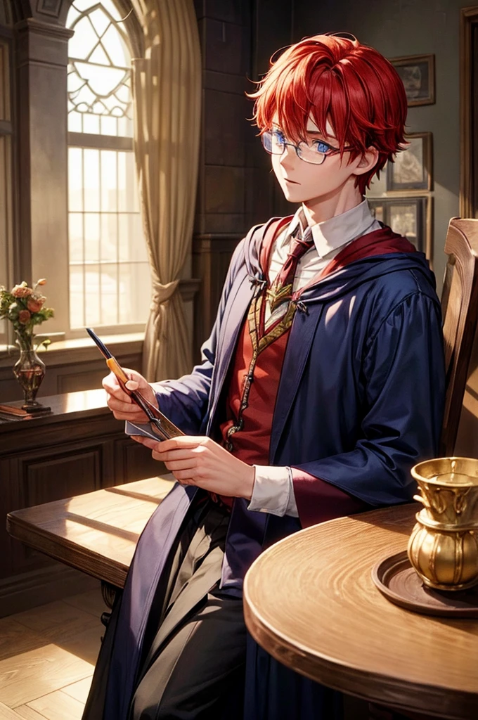 A boy with red hair and blue eyes who has magic from Hogwarts School of Magic. Stays in the Hufflepuff house and wears glasses.
