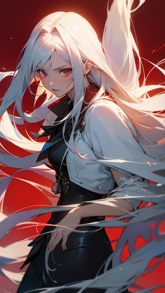 A close-up of a woman with long white hair and red background，shadowbringers cinematic，Sephiroth，son of sparda，Sephiros in Final Fantasy，Alukad，Tifa Lockhart with white hair，aion，From Bloodline 2，John Libert's remix with Alukard，thancred waters，sakimi，final fantasy character。