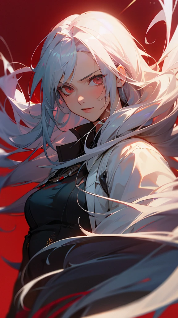 A close-up of a woman with long white hair and red background，shadowbringers cinematic，Sephiroth，son of sparda，Sephiros in Final Fantasy，Alukad，Tifa Lockhart with white hair，aion，From Bloodline 2，John Libert's remix with Alukard，thancred waters，sakimi，final fantasy character。