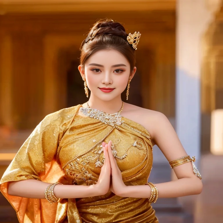 Close-up of a woman in a gold dress and a crown on her head., traditional beauty, Sukhothai dress, Dilraba Dilmurat, beautiful goddess, Beautiful Fantasy Empress, beautiful oriental woman, Thai girl anime, Southeast Asia that has existed for a long time, Thai art, Wear elegant clothes, Tailoring a suit according to tradition, portrait of a beautiful goddess ผู้หญิงอาราฟในชุดสีทองยืนอยู่หน้าอาคาร, Sukhothai dress, Dilraba Dilmurat, traditional beauty, Wear elegant clothes, traditional this tradition, Wear luxurious clothes, this tradition, Traditional clothing, Thai girl anime, traditional outfit, According to Thawan Duchanee's style, Wear a luxurious silk dress, Thai art, Traditional clothing สาวเอเชียที่สวยงาม,stereoscopic 8k,45 high quality colored lights,000,000,000 pixels, photo, post-trade photo, animation, beautiful portrait
