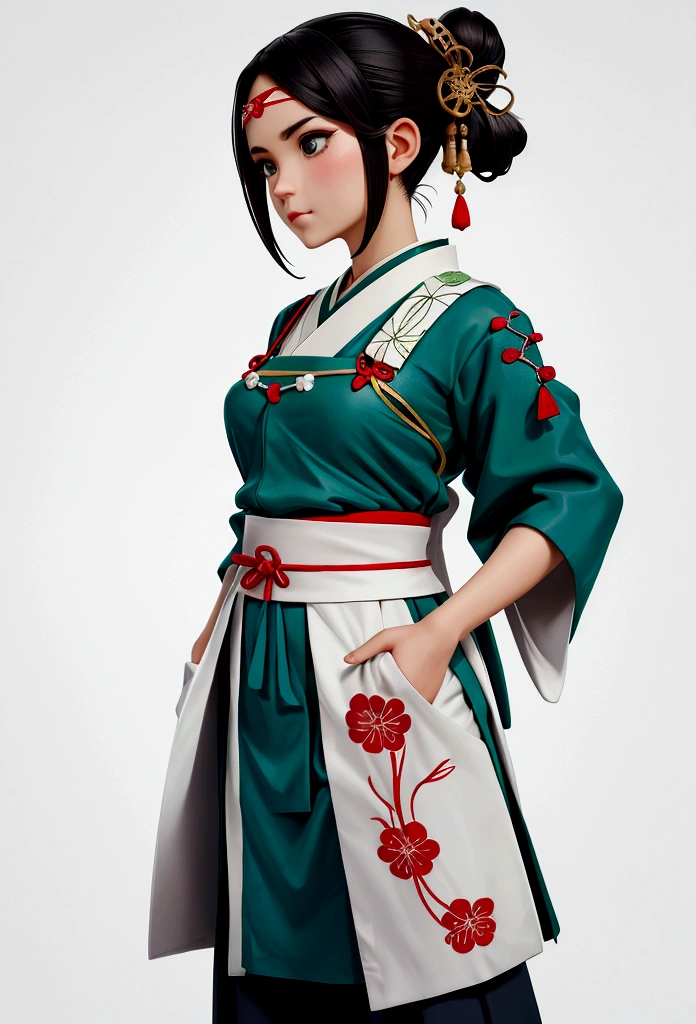 Create a practical yet refined outfit for commoners in a society inspired by ancient Japan with Greek clothing influences. The clothing should be made from durable, comfortable materials and feature simple yet elegant designs. Utilize shades of green and incorporate triangular motifs in the patterns and embroidery. The outfit should blend the functionality of Japanese workwear with the flowing lines of Greek attire. Accessories should be minimal but functional, such as sashes, simple jewelry, and headbands. The overall look should reflect the commoners' respect for strength and honor, while being suitable for daily activities. reference sheet, character chart, three sided view, high details, high quality, highres, anatomically correct