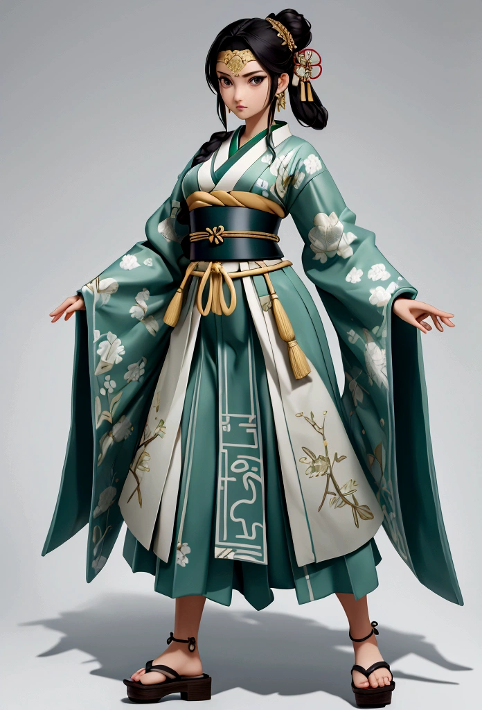 Create a practical yet refined outfit for commoners in a society inspired by ancient Japan with Greek clothing influences. The clothing should be made from durable, comfortable materials and feature simple yet elegant designs. Utilize shades of green and incorporate triangular motifs in the patterns and embroidery. The outfit should blend the functionality of Japanese workwear with the flowing lines of Greek attire. Accessories should be minimal but functional, such as sashes, simple jewelry, and headbands. The overall look should reflect the commoners' respect for strength and honor, while being suitable for daily activities. reference sheet, character chart, three sided view, high details, high quality, highres, anatomically correct