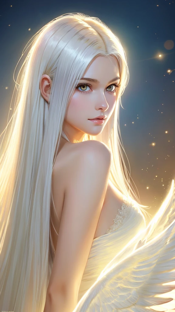 masterpiece, best quality, ultra-detailed, illustration, close-up, straight on, sexy, 1girl, white hair, golden eyes, long hair, halo, angel wings, serene expression, looking at viewer