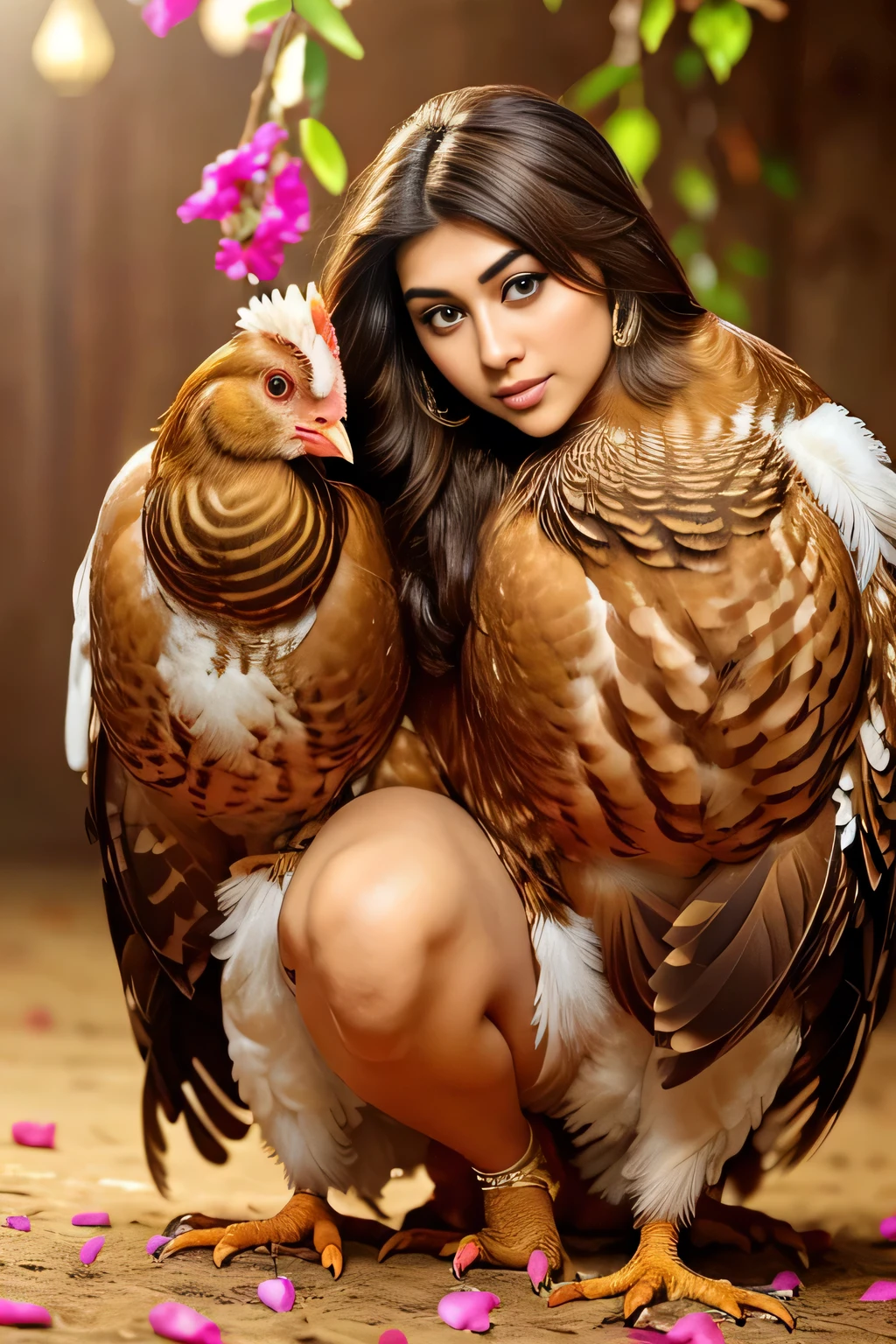 Hansika Motwani is a hen bird, She is a bird but her head looks like girl, from neck to full body looks like hen bird. Hen legs, hen wings. Bird body, hen body, perfect picture, perfect bird, real bird, Real head replace with real hen head. Exact Bird. Colorful hen.