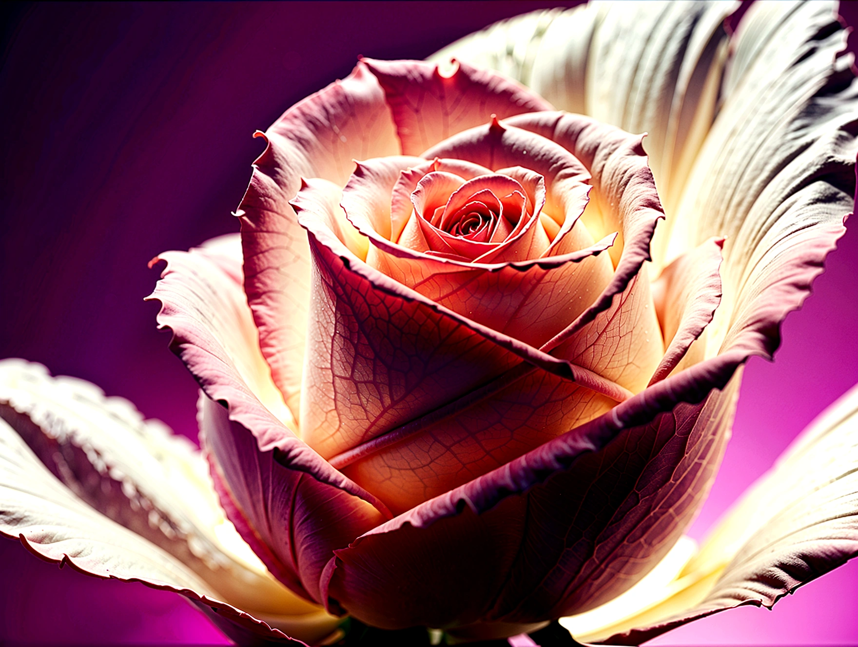 glowing white silhouette of a rose with a ethereal pink and rose gold background