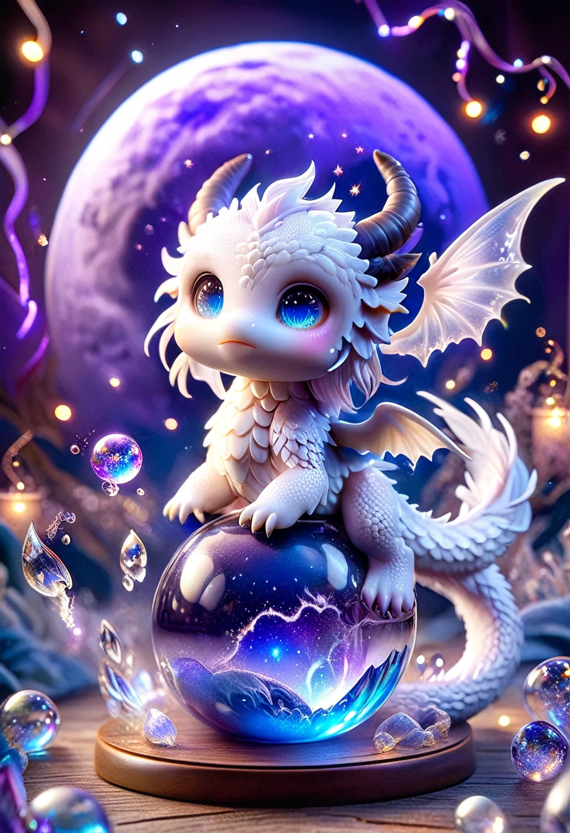 absurdres, highres, ultra detailed, HDR, master piece, best quality, crystal ball, small white dragon, expressive blue eyes, blue horns, wings, fantasy magical background, sparkling, shining, purple lightning, floating round lights, starry, void, purple moon