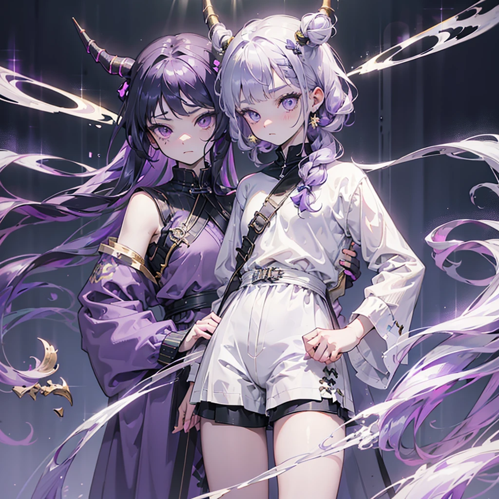 boy, thoughtful look, open forehead, black and purple hair braided into a ponytail on the left side in a bun. small curly black horns wrapped in white ribbon, pale violet eyes, short dark purple shorts. Long white t-shirt. dark purple knee socks. dark purple hooded robe, with a pattern of gold circles and a white robe on the inside. dark corridor with stairs, rays of light fall from above