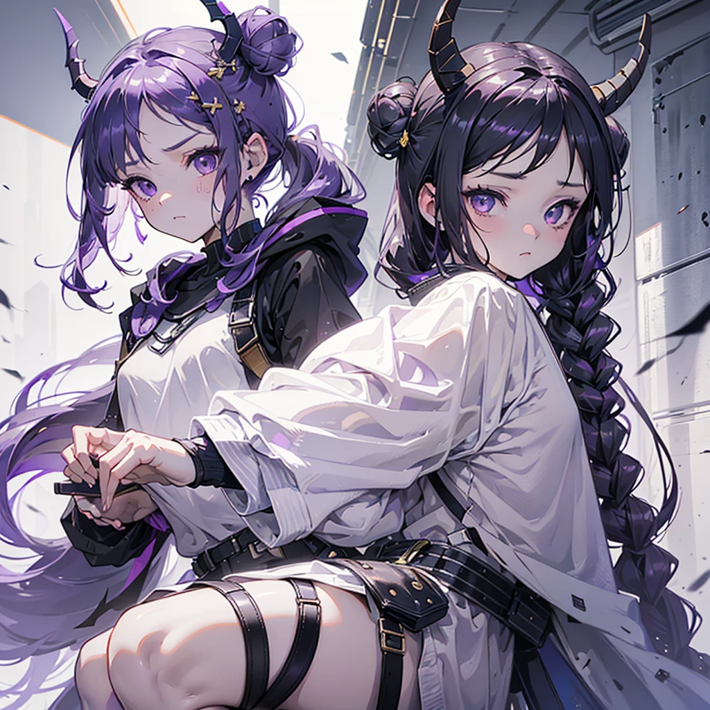 boy, thoughtful look, open forehead, black and purple hair braided into a ponytail on the left side in a bun. small curly black horns wrapped in white ribbon, pale violet eyes, short dark purple shorts. Long white t-shirt. dark purple knee socks. dark purple hooded robe, with a pattern of gold circles and a white robe on the inside. dark corridor with stairs, rays of light fall from above