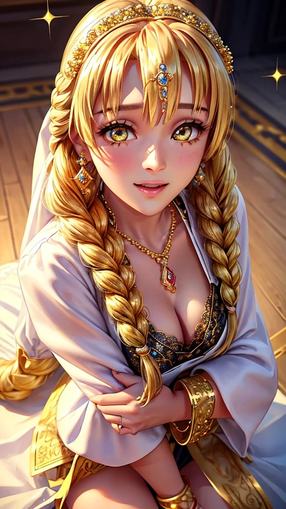 4K, UHD, masterpeice, 1 girl, good face, happy face, ((white skin)), detailed eyes, detailed lipstick, very long hair, straight hair, very long hair, beautiful hair, hair ornaments, hairband, gradient hair, ((golden stocking)), ((princess clothing)), ((decorated clothing)), ((sardine)), ((sparkle clothing)), ((golden lace)), ((diamond bracelet)), ((pendant)), ornaments, necklace, earring, high lighting, ((in the wedding stage)), fujicolor, depth of field, ray tracing, ultra realistic detailes, standing with the wall,