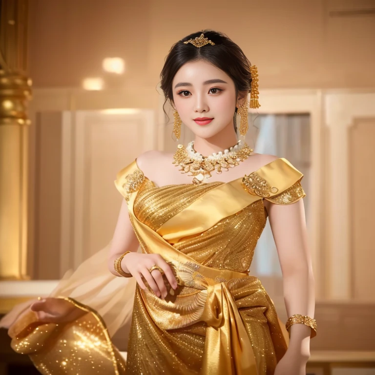 Araffe woman in gold dress poses for photo, In Lammanh style, Ao Dai, Noble Gold, decorated with goldเนื้อเนียน, golden clothes, elegant pose, Cheongsam, Golden Silk, Luxurious golden body, Sazi, luxurious golden skin, queen of the sea Mu Yanling, decorated with gold, Inspired by Tang Di, an Arav woman in a golden dress stands in front of a building., Sukhothai dress, Dilraba Dilmurat, traditional beauty, Wear elegant clothes, traditional this tradition, Wear luxurious clothes, this tradition, Traditional clothing, Thai girl anime, traditional outfit, According to Thawan Duchanee's style, Wear a luxurious silk dress, Thai art, Traditional clothing สาวเอเชียที่สวยงาม,stereoscopic 8k,45 high quality colored lights,000,000,000 pixels, photo, post-trade photo, animation, beautiful portrait