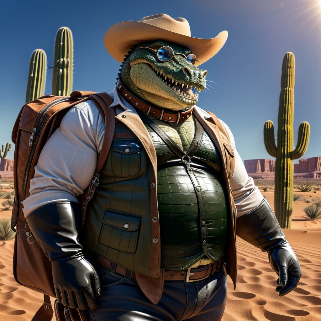 Male, fat, extremely obese, Crocodile, blue eyes, (posing:1.3), (soft shading), 4k, hi res, ((detailed face, detailed)), looking at viewer, smile, open mouth, desert, cactus, shirt, hat, male focus, cowboy shot, glasses, pants, bag, vest, backpack, sleeves rolled up, round eyewear, brown headwear, brown vest, whiskers, Crocodile is wearing a glossy leather dog collar around the neck, Crocodile is wearing the leather collar and shirt and vest at the same time, Crocodile is wearing glossy black rubber gloves on the hands, gloves are rubber in texture.