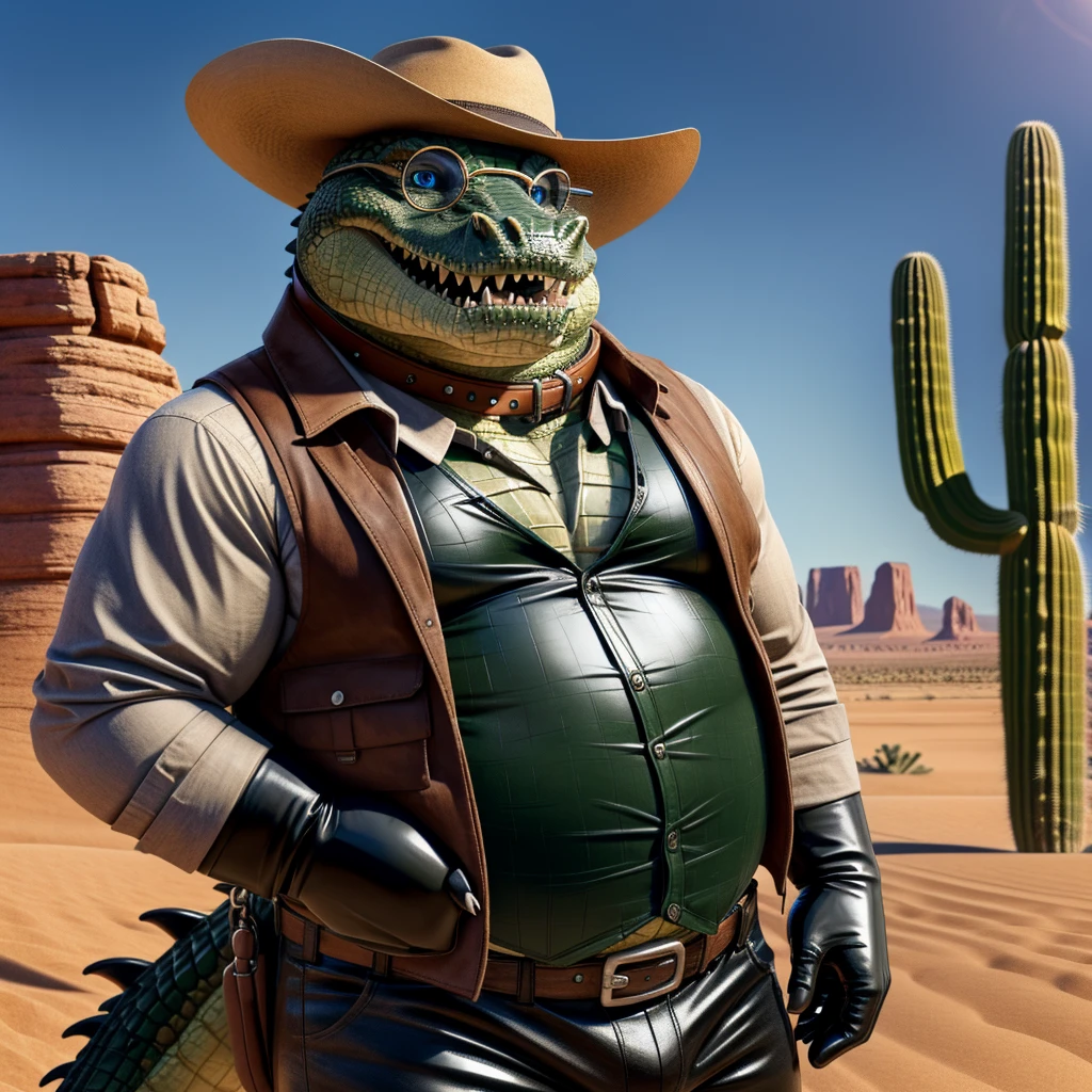Male, fat, extremely obese, Crocodile, blue eyes, (posing:1.3), (soft shading), 4k, hi res, ((detailed face, detailed)), looking at viewer, smile, open mouth, desert, cactus, shirt, hat, male focus, cowboy shot, glasses, pants, bag, vest, backpack, sleeves rolled up, round eyewear, brown headwear, brown vest, whiskers, Crocodile is wearing a glossy leather dog collar around the neck, Crocodile is wearing the leather collar and shirt and vest at the same time, Crocodile is wearing glossy black rubber gloves on the hands, gloves are rubber in texture.