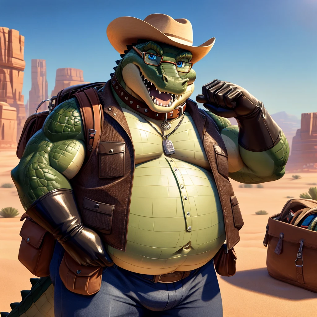 Male, fat, extremely obese, Crocodile, blue eyes, (posing:1.3), (soft shading), 4k, hi res, ((detailed face, detailed)), looking at viewer, smile, open mouth, desert, cactus, shirt, hat, male focus, cowboy shot, glasses, pants, bag, vest, backpack, sleeves rolled up, round eyewear, brown headwear, brown vest, whiskers, Crocodile is wearing a glossy leather dog collar around the neck, Crocodile is wearing the leather collar and shirt and vest at the same time, Crocodile is wearing glossy black rubber gloves on the hands, gloves are rubber in texture.