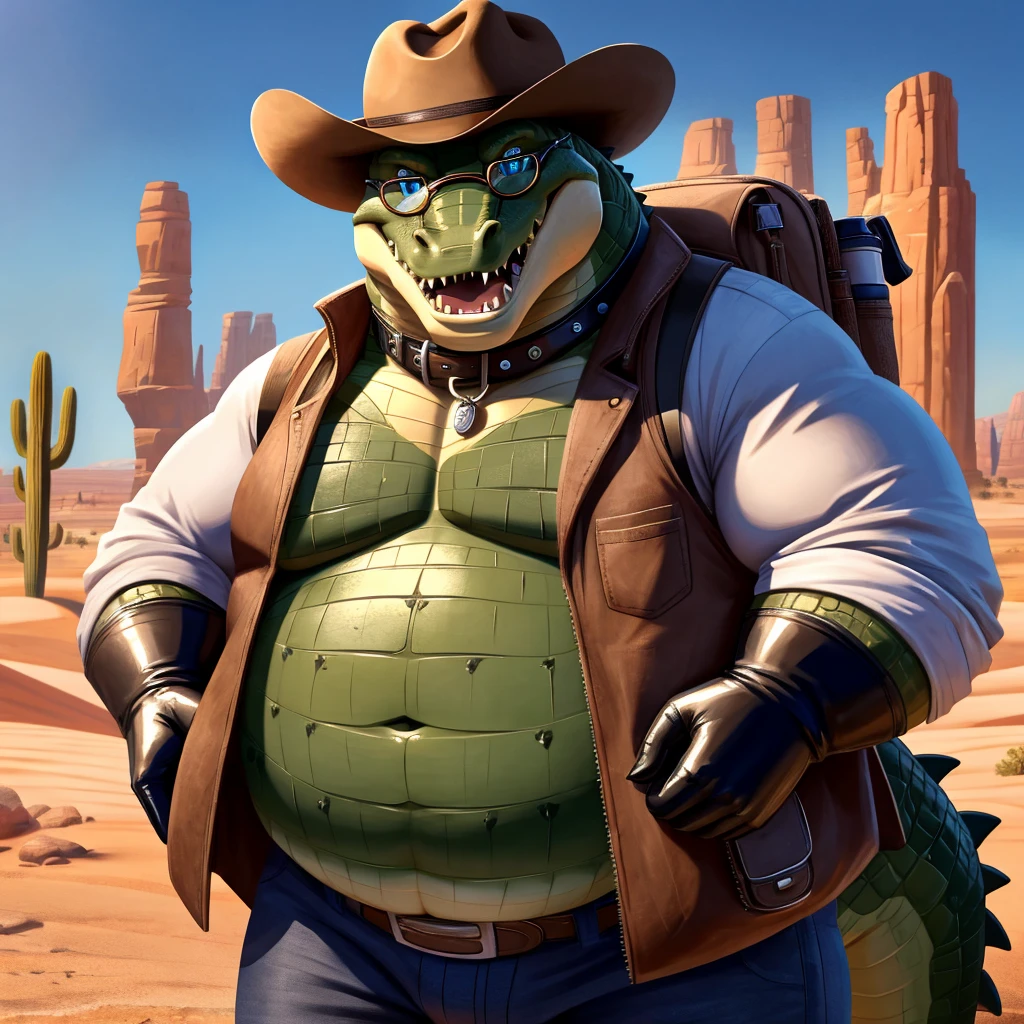 Male, fat, extremely obese, Crocodile, blue eyes, (posing:1.3), (soft shading), 4k, hi res, ((detailed face, detailed)), looking at viewer, smile, open mouth, desert, cactus, shirt, hat, male focus, cowboy shot, glasses, pants, bag, vest, backpack, sleeves rolled up, round eyewear, brown headwear, brown vest, whiskers, Crocodile is wearing a glossy leather dog collar around the neck, Crocodile is wearing the leather collar and shirt and vest at the same time, Crocodile is wearing glossy black rubber gloves on the hands, gloves are rubber in texture.