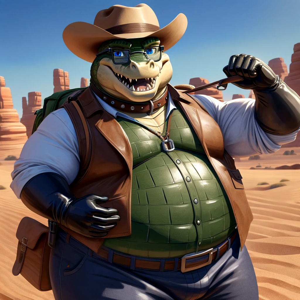 Male, fat, extremely obese, Crocodile, blue eyes, (posing:1.3), (soft shading), 4k, hi res, ((detailed face, detailed)), looking at viewer, smile, open mouth, desert, cactus, shirt, hat, male focus, cowboy shot, glasses, pants, bag, vest, backpack, sleeves rolled up, round eyewear, brown headwear, brown vest, whiskers, Crocodile is wearing a glossy leather dog collar around the neck, Crocodile is wearing the leather collar and shirt and vest at the same time, Crocodile is wearing glossy black rubber gloves on the hands, gloves are rubber in texture.