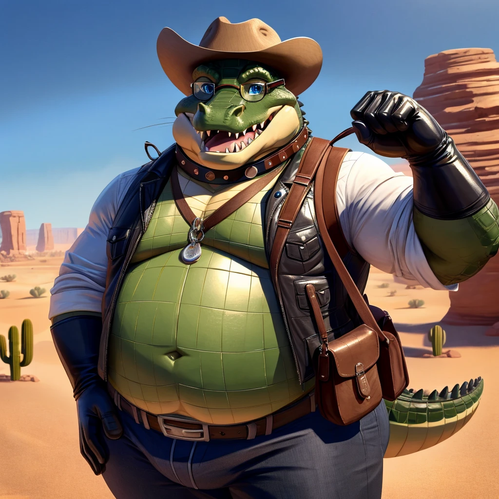 Male, fat, extremely obese, Crocodile, blue eyes, (posing:1.3), (soft shading), 4k, hi res, ((detailed face, detailed)), looking at viewer, smile, open mouth, desert, cactus, shirt, hat, male focus, cowboy shot, glasses, pants, bag, vest, backpack, sleeves rolled up, round eyewear, brown headwear, brown vest, whiskers, Crocodile is wearing a glossy leather dog collar around the neck, Crocodile is wearing the leather collar and shirt and vest at the same time, Crocodile is wearing glossy black rubber gloves on the hands, gloves are rubber in texture.