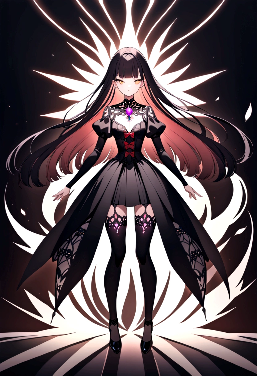 a gothic beauty with long dark hair and bangs no background but powder explosion full body front view