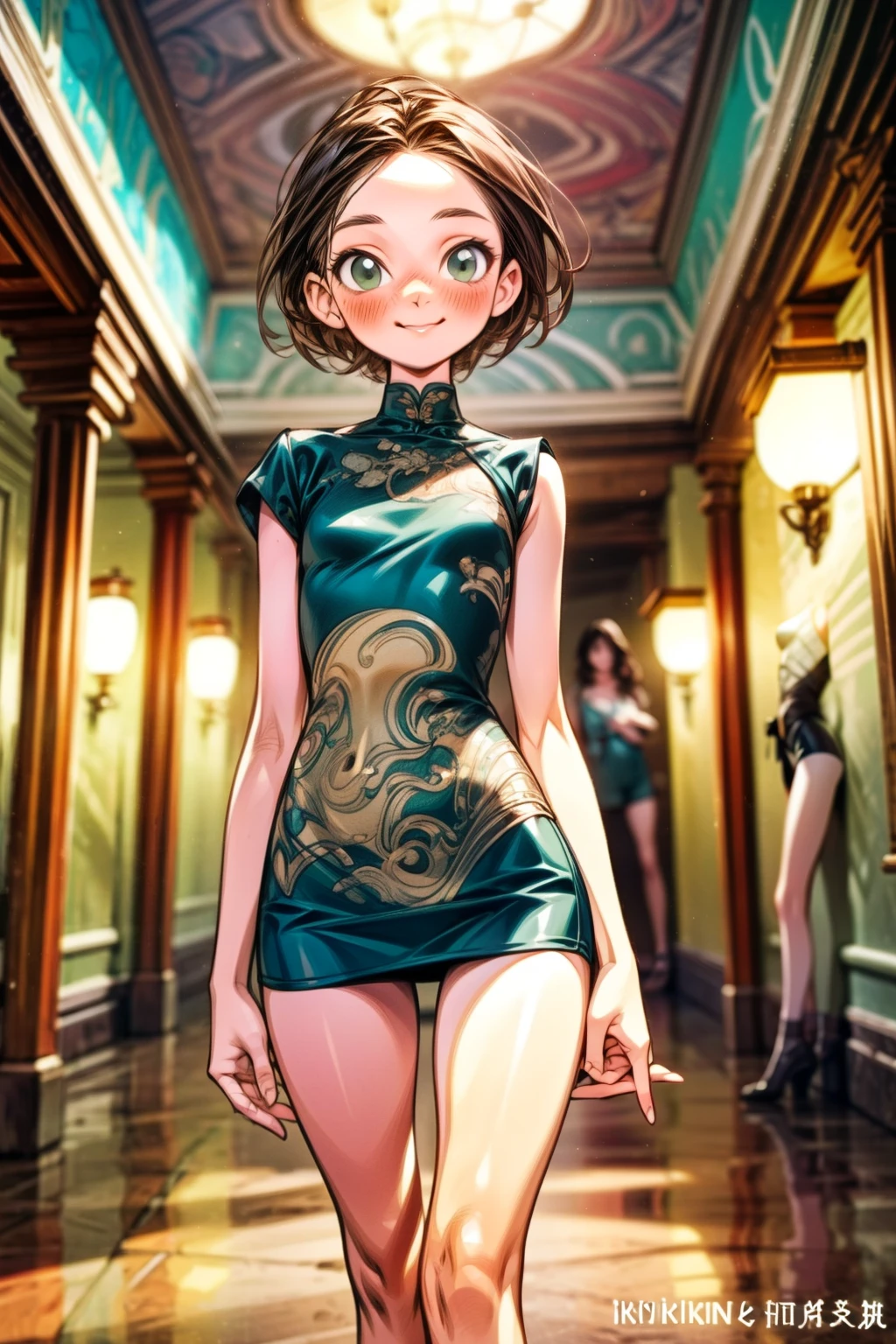 full figure sexy full figure skinny mom 33 years old woman whit daughter at a inside a palladian villa, wearing very short miniskirt, micro top, light brown hair and dark green eyes . cinematic, moonlight, night, smile,