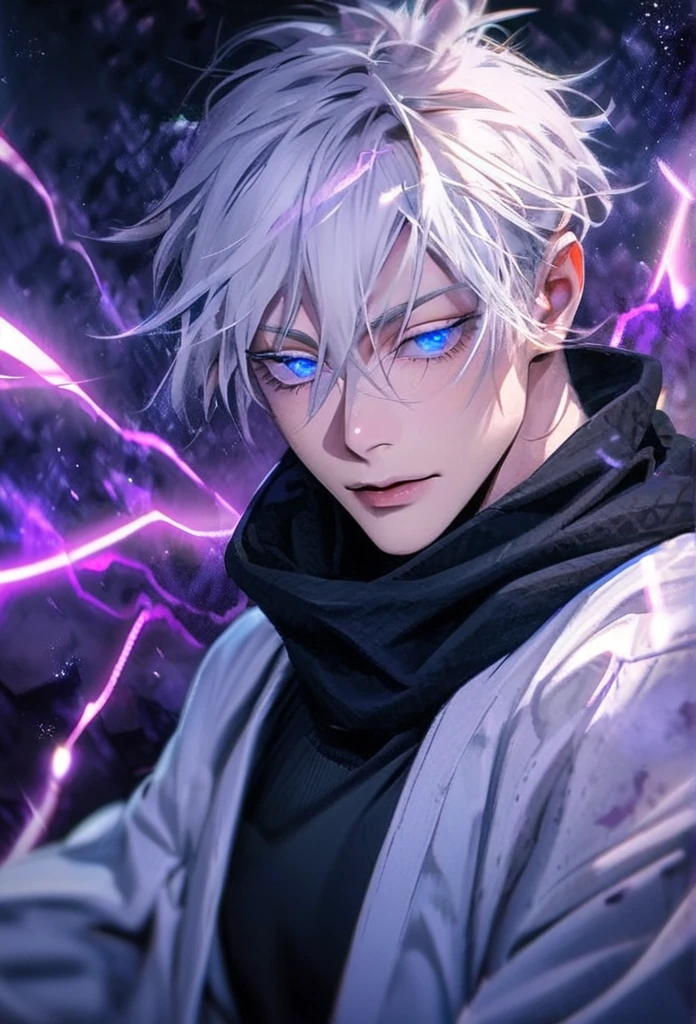 absurdres, highres, ultra detailed, HDR, master piece, best quality, Gojo Satoru, white hair, with bangs, hair between the eyes, expressive blue eyes, white eyelashes, Jujutsu Kaisen, solo, sexy man, handsome, white haori, black tight shirt, black scarf, fantasy, magical, sparkling, shining, purple lightning, floating round lights, starry sky, void, purple butterlies, purple moon