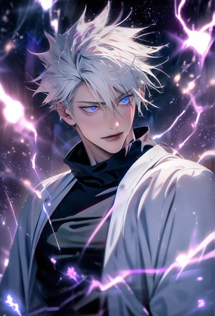 absurdres, highres, ultra detailed, HDR, master piece, best quality, Gojo Satoru, white hair, with bangs, hair between the eyes, expressive blue eyes, white eyelashes, Jujutsu Kaisen, solo, sexy man, handsome, white haori, black tight shirt, black scarf, fantasy, magical, sparkling, shining, purple lightning, floating round lights, starry sky, void, purple butterlies, purple moon