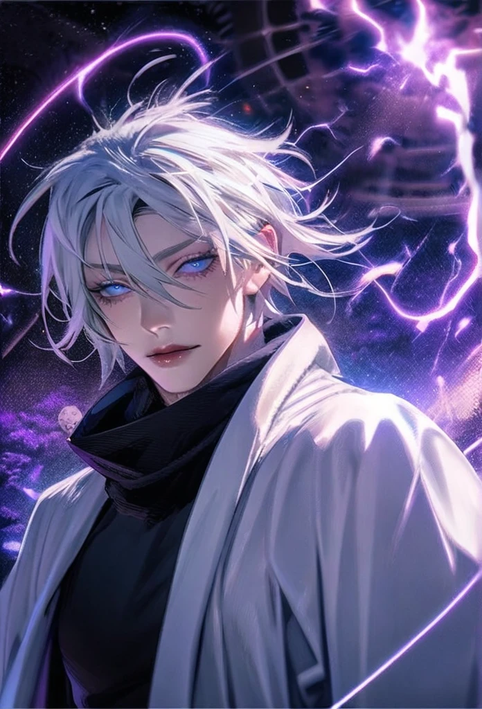 absurdres, highres, ultra detailed, HDR, master piece, best quality, Gojo Satoru, white hair, with bangs, hair between the eyes, expressive blue eyes, white eyelashes, Jujutsu Kaisen, solo, sexy man, handsome, white haori, black tight shirt, black scarf, fantasy, magical, sparkling, shining, purple lightning, floating round lights, starry sky, void, purple butterlies, purple moon