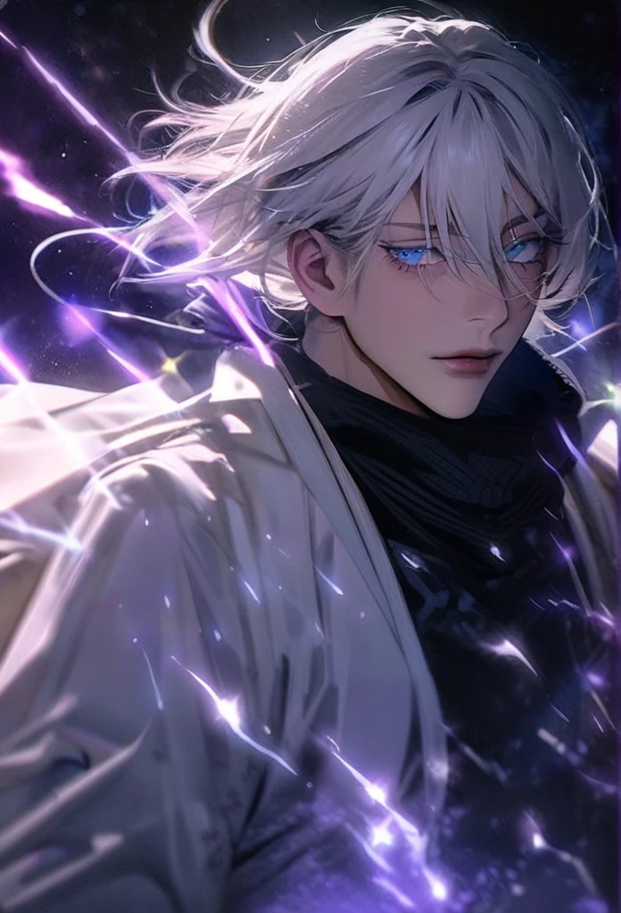 absurdres, highres, ultra detailed, HDR, master piece, best quality, Gojo Satoru, white hair, with bangs, hair between the eyes, expressive blue eyes, white eyelashes, Jujutsu Kaisen, solo, sexy man, handsome, white haori, black tight shirt, black scarf, fantasy, magical, sparkling, shining, purple lightning, floating round lights, starry sky, void, purple butterlies, purple moon