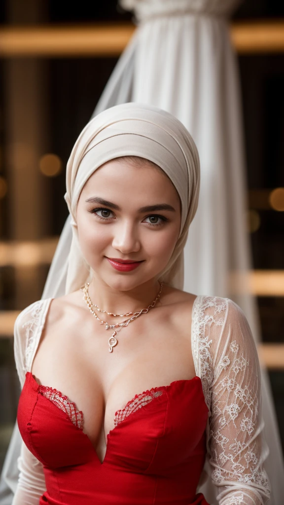 Beautiful, cute baby Face, 40 Years old russian ****ta Girl, blue eyes, (wearing hijab) and sexy long sleeves royal lace gown, Rounded small Breast, cleavage cutout, slightly Chubby , luxury necklace, red lipstick, dark red lipstick, sensual Lipstick, White Skin, Smiling, bedroom, Dark room Background, mid shot, upper body, Perfect Potrait, Bokeh Effect, Look at Viewer, Armpit, Perfect Eye, Perfect Hand, Perfect Finger, Bracelet, Ring, small breast, ((adorable:1.2)), ((masterpiece:1.1)), ((bokeh:1.2)),