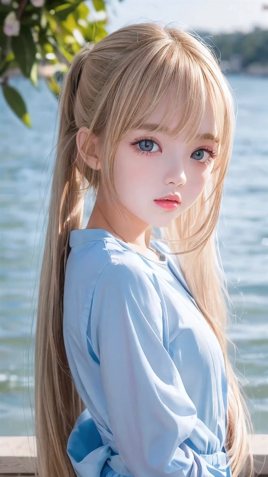 A close up of a woman with long blonde hair and blue eyes - SeaArt AI