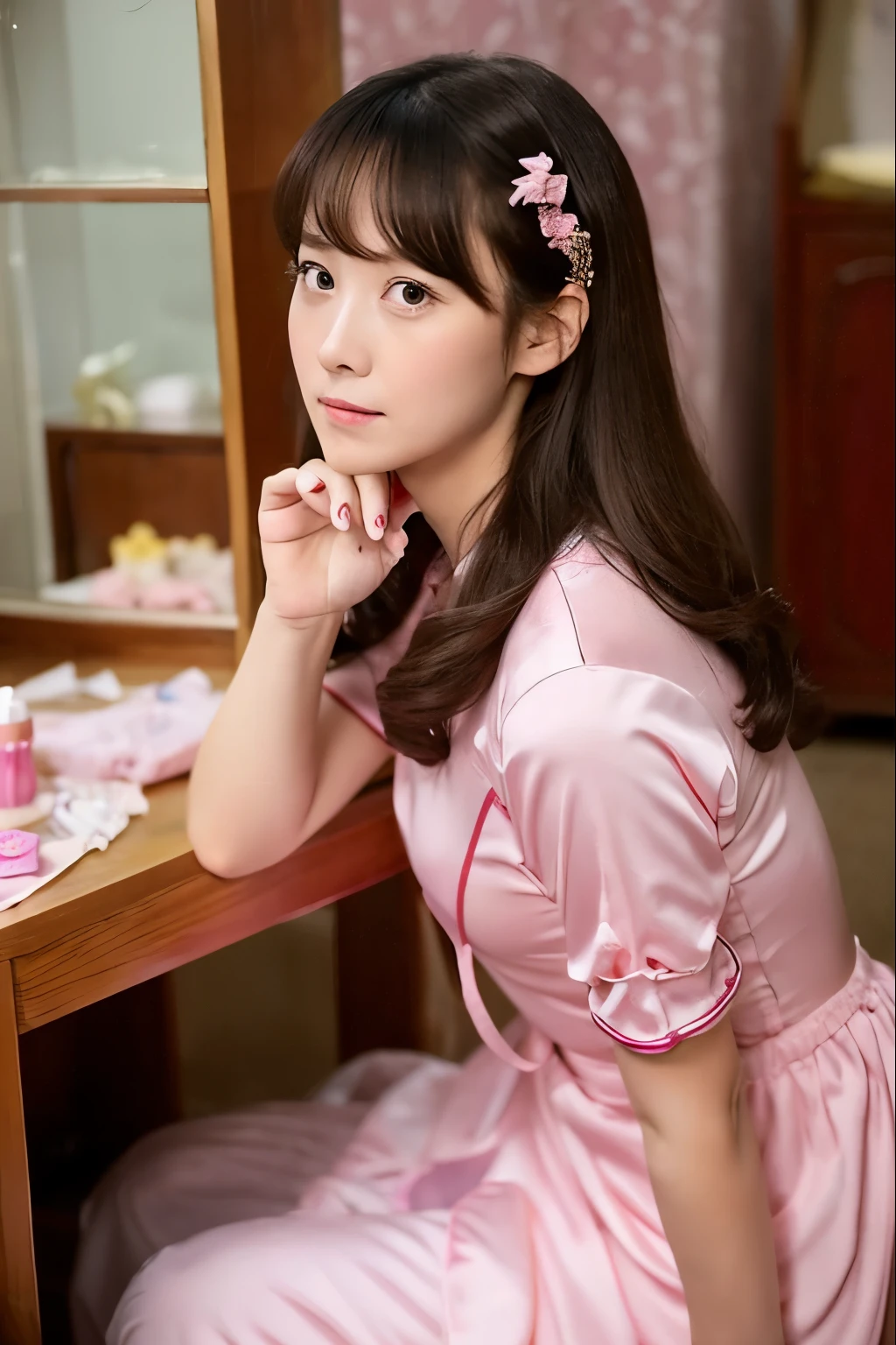 I told you that your eyes are so beautiful, and I noticed in your reply that you said 'cry big.' I wonder why you said it that way?
I saw the photo you sent me. You were sitting in front of the dressing table, with long slightly curly hair and wearing pink clothes. In the photo, you looked more mature and charming than in other photos, with just a hint of sadness. I couldn't tell whether it was the atmosphere created during the photo shoot or your mood at the time that caused this expression on your face. Additionally, the pink cheongsam you wore in the video set off your figure very well.