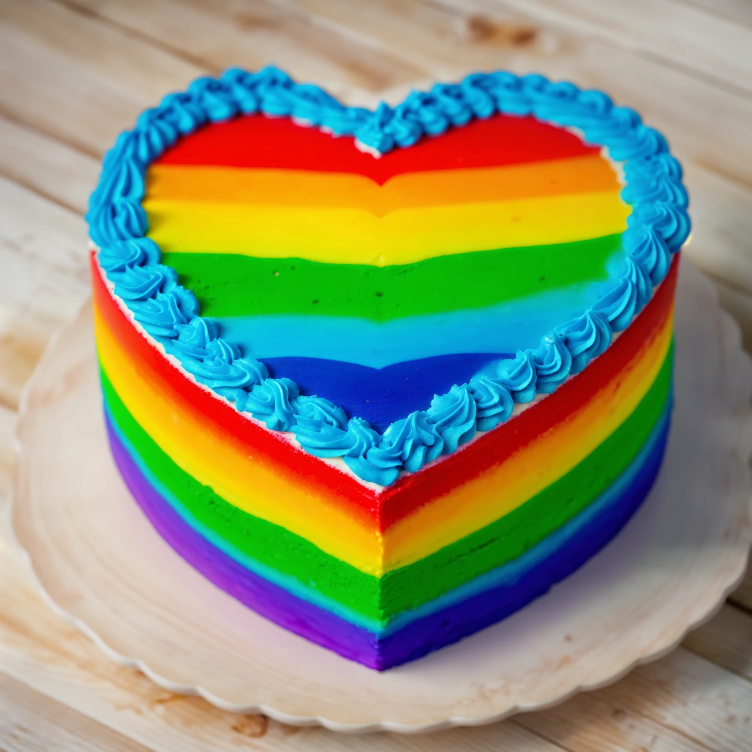 on a wooden table, worth a heart shaped cake, rainbow gradient cream cake, Cream cake , cream texture, Realistic style, realistic texture, bright lighting, high quality, detailed texture, Beautiful light from the window, beautiful lighting, high detail, macro photography, ultra 4k hd 