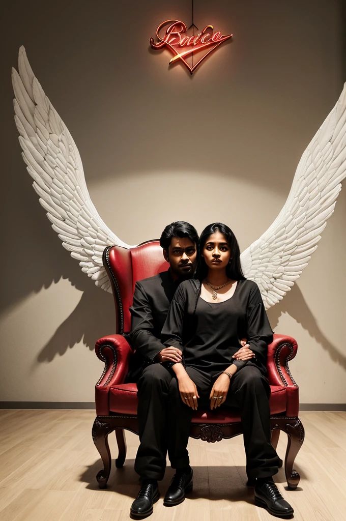 " Create a 3D realistic Image where a couple in BLACK Casually on a wingback chair, Look ahead the background features "KRISHU & DEEYA in big capital RED fonts on the white lighting wall. There should not be shadow, and wings should be added to make it appear as if he and she is an angel. "