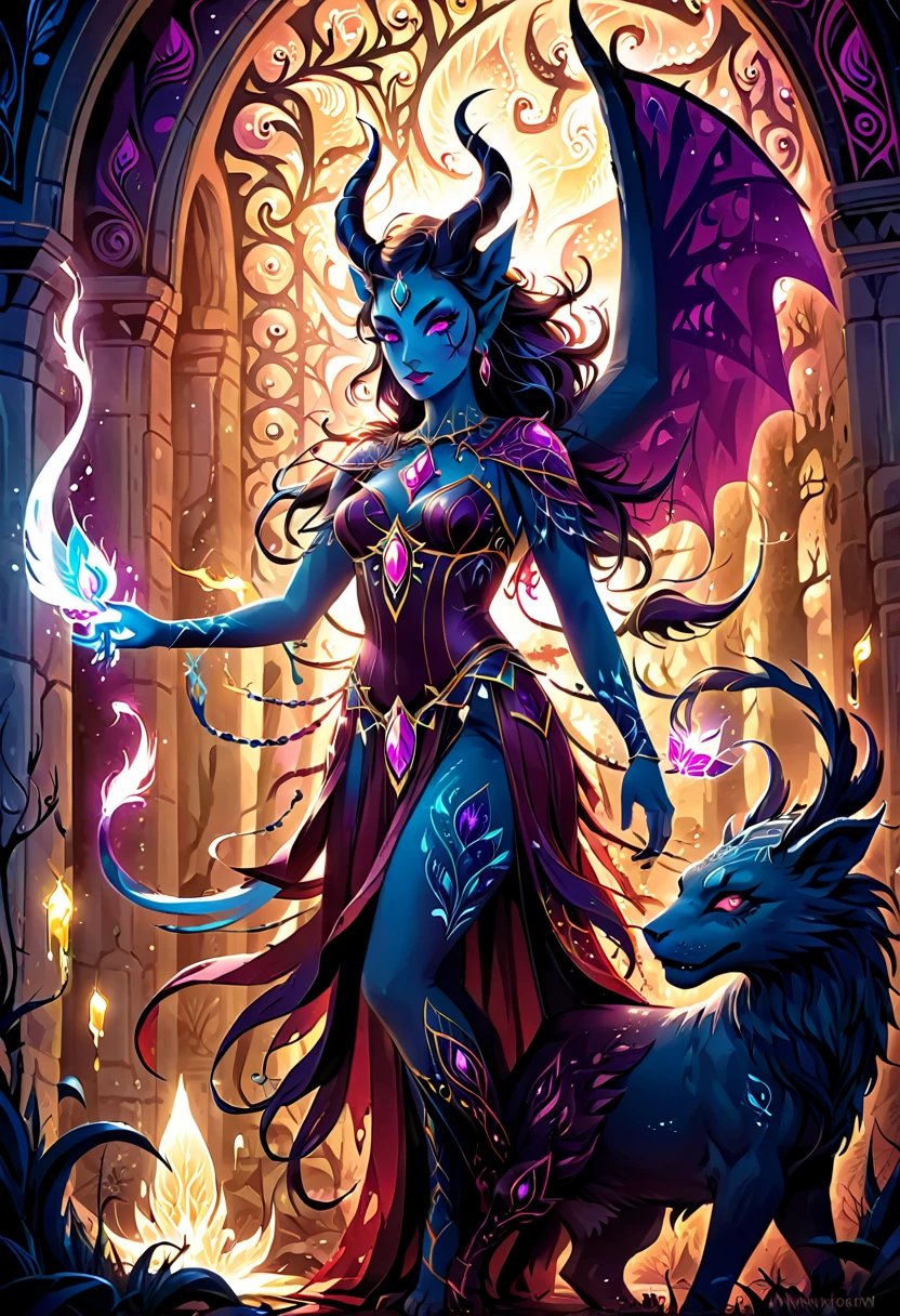 a medium-quality illustration of "Beasts of the Light" featuring Liandra in a "Bloody Neat" style, inspired by "Southern Pride", mystical creatures, fantasy art, glowing effects, detailed linework, colorful, mythical beings, dynamic pose, intricate patterns, digital painting, vibrant colors, symbolism, enchanting atmosphere