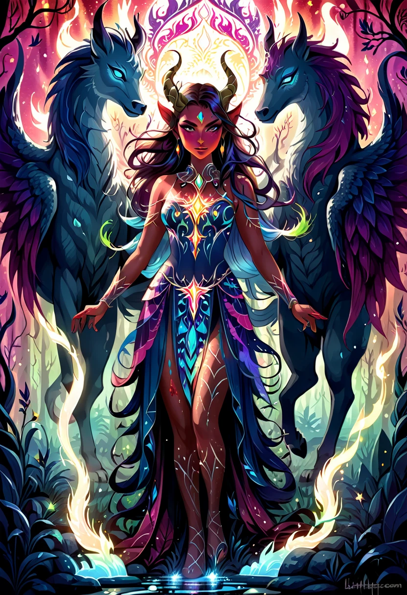 a medium-quality illustration of "Beasts of the Light" featuring Liandra in a "Bloody Neat" style, inspired by "Southern Pride", mystical creatures, fantasy art, glowing effects, detailed linework, colorful, mythical beings, dynamic pose, intricate patterns, digital painting, vibrant colors, symbolism, enchanting atmosphere